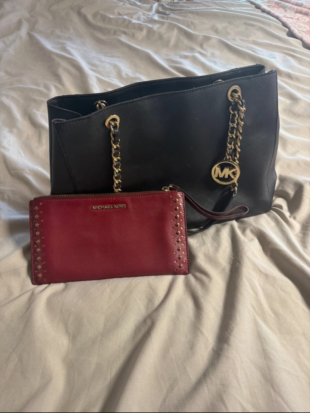 Michael Kors Black Tote with Gold Chain Detail and Red Zip Wristlet